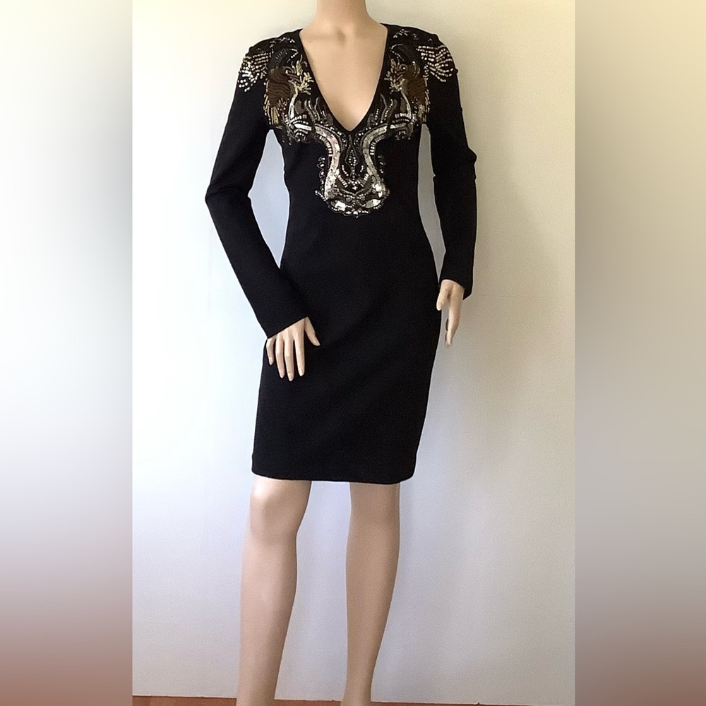 ROBERTO CAVALLI (Size 44) Black Long Sleeve Embellished Jersey Dress